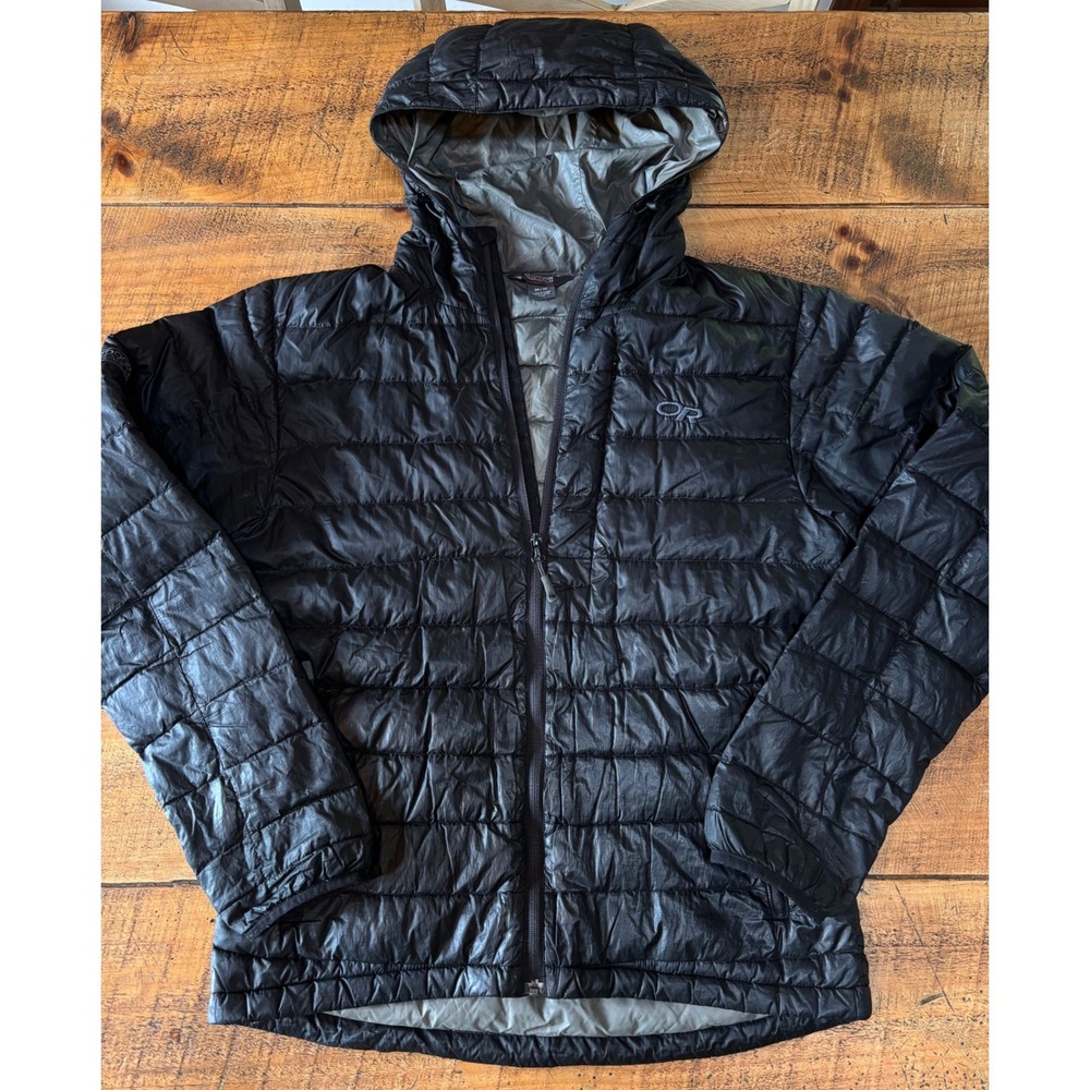 Outdoor Research Womens Black Quilted Puffer Goose Down Hooded Jacket Pockets M